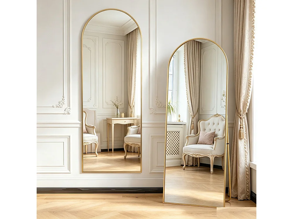 Grand miroir de corps arcé - 173 x 63 x 1.5 cm - avec cadre en alliage d'aluminium - Can Wall suspendu ou incliné debout - or