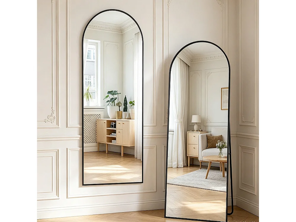 Grand arc miroir corps complet - 177 x 77 cm - Cadre en alliage d'aluminium Verre trempé - Noir