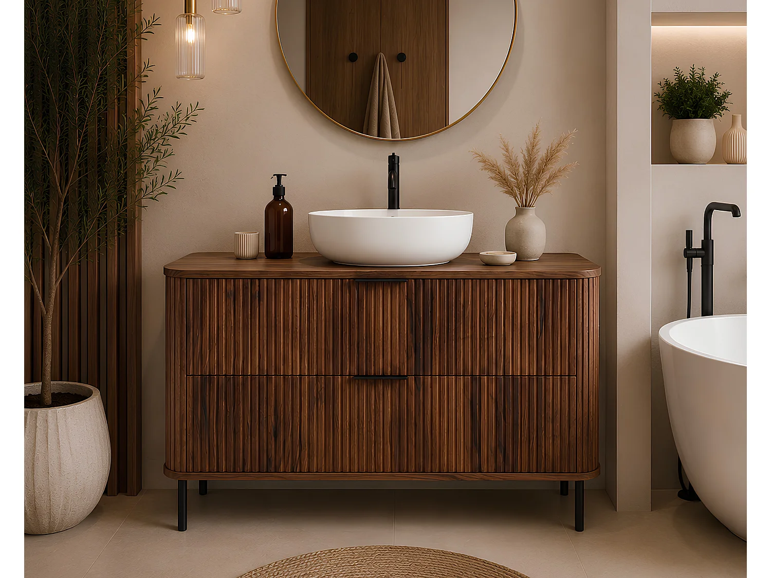 Free-standing bathroom cabinet with drawers and metal legs, colour Oak-Walnut, black handle, black legs, 120 x 41.5 x 66.7 cm