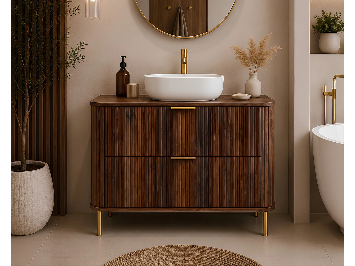 Meuble de salle de bain sur pieds avec tiroirs et pieds métalliques, coloris Chêne-Noyer, poignée doré, pieds doré, 100 x 41,5 x 66,7 cm