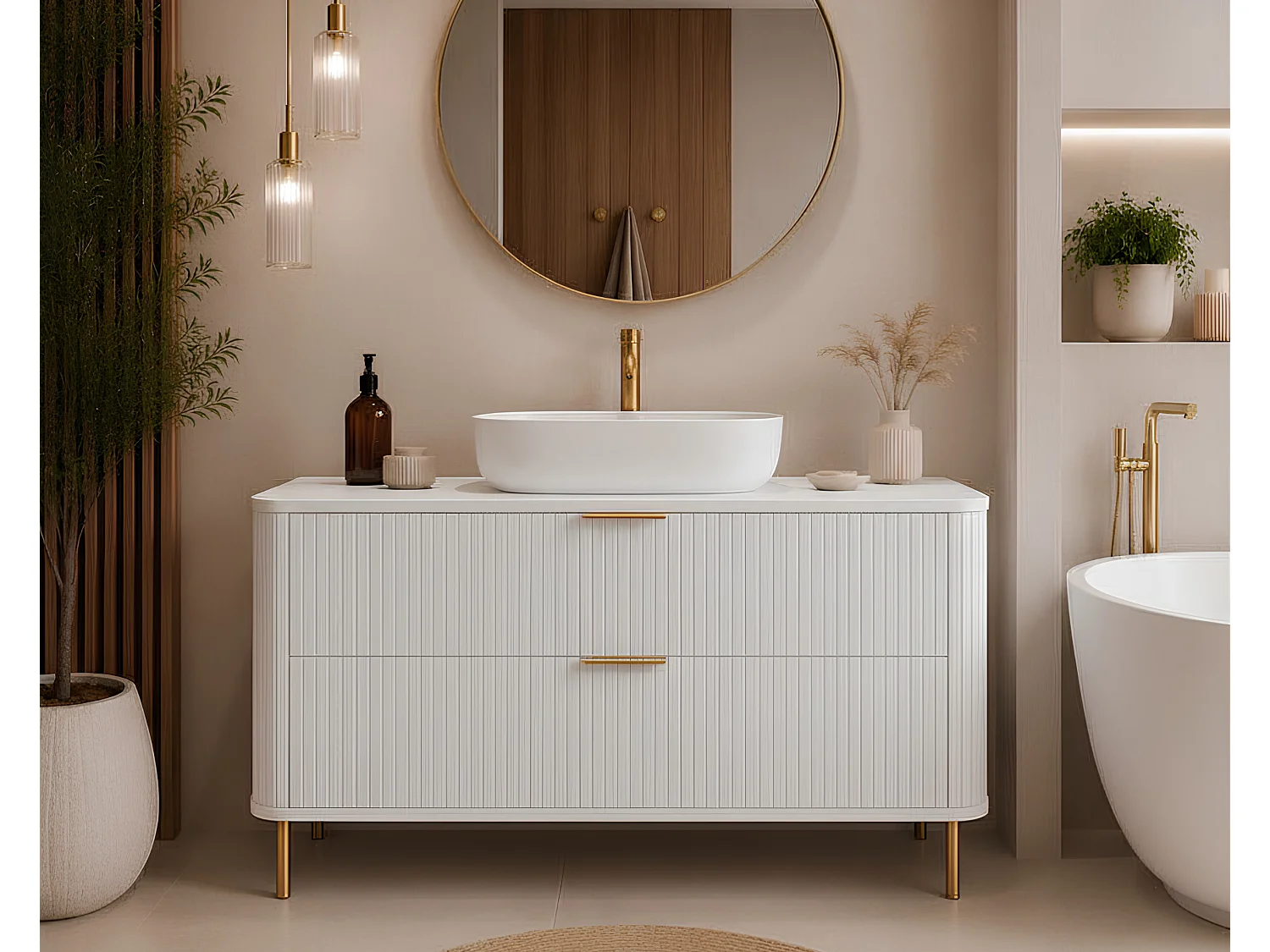 Free-standing bathroom cabinet with drawers and metal legs, colour White, gold handle, gold legs, 120 x 41.5 x 66.7 cm