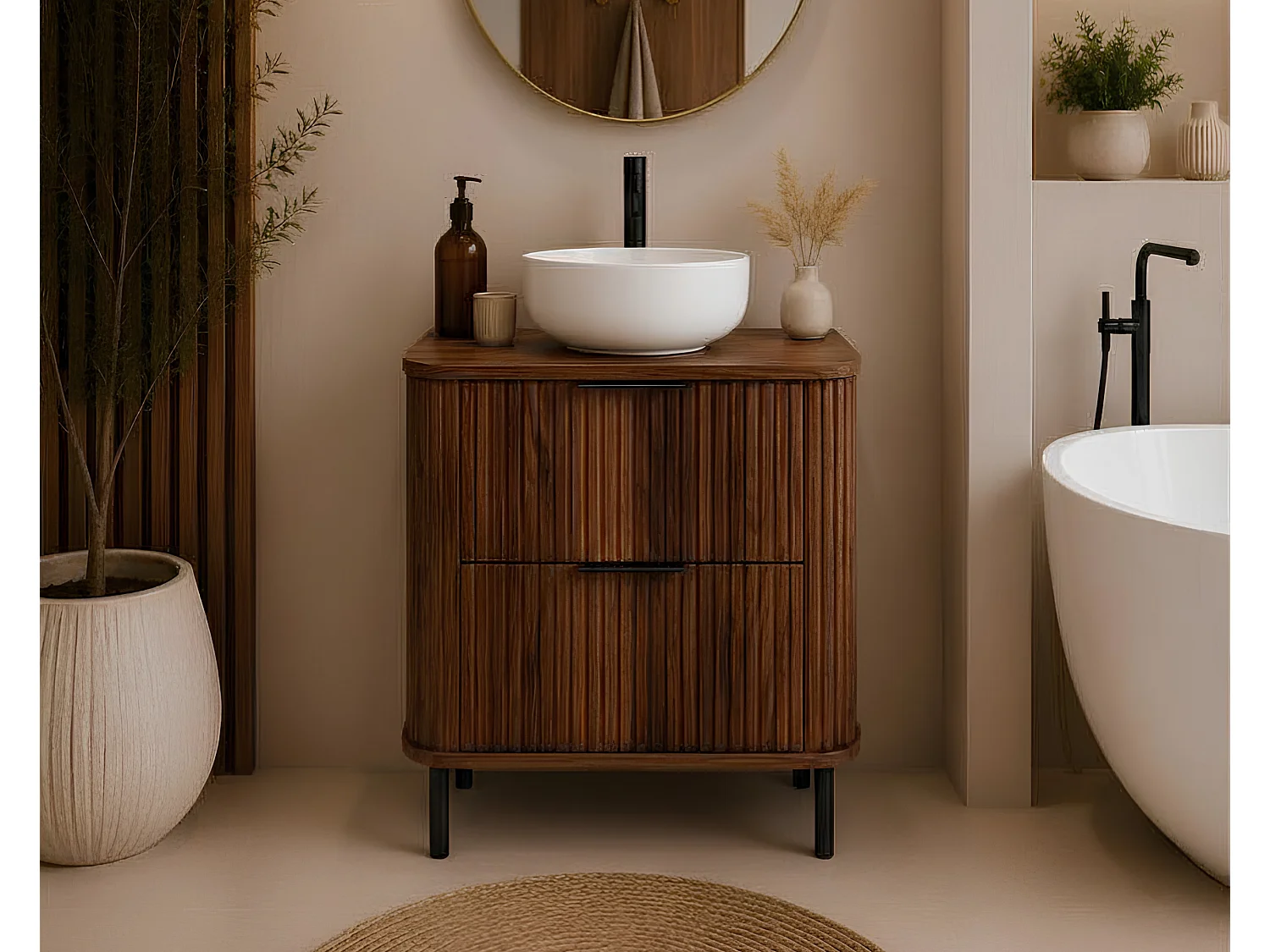 Free-standing bathroom cabinet with drawers and metal legs, colour Oak-Walnut, black handle, black legs, 60 x 41.5 x 66.7 cm