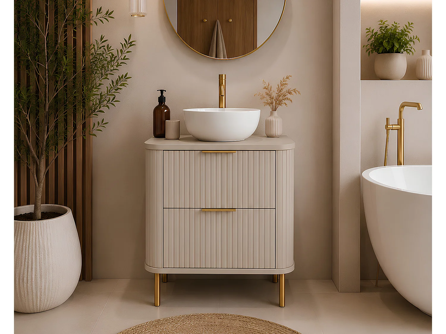 Meuble de salle de bain sur pieds avec tiroirs et pieds métalliques, coloris Chêne Craft, poignée doré, pieds doré, 60 x 41,5 x 66,7 cm