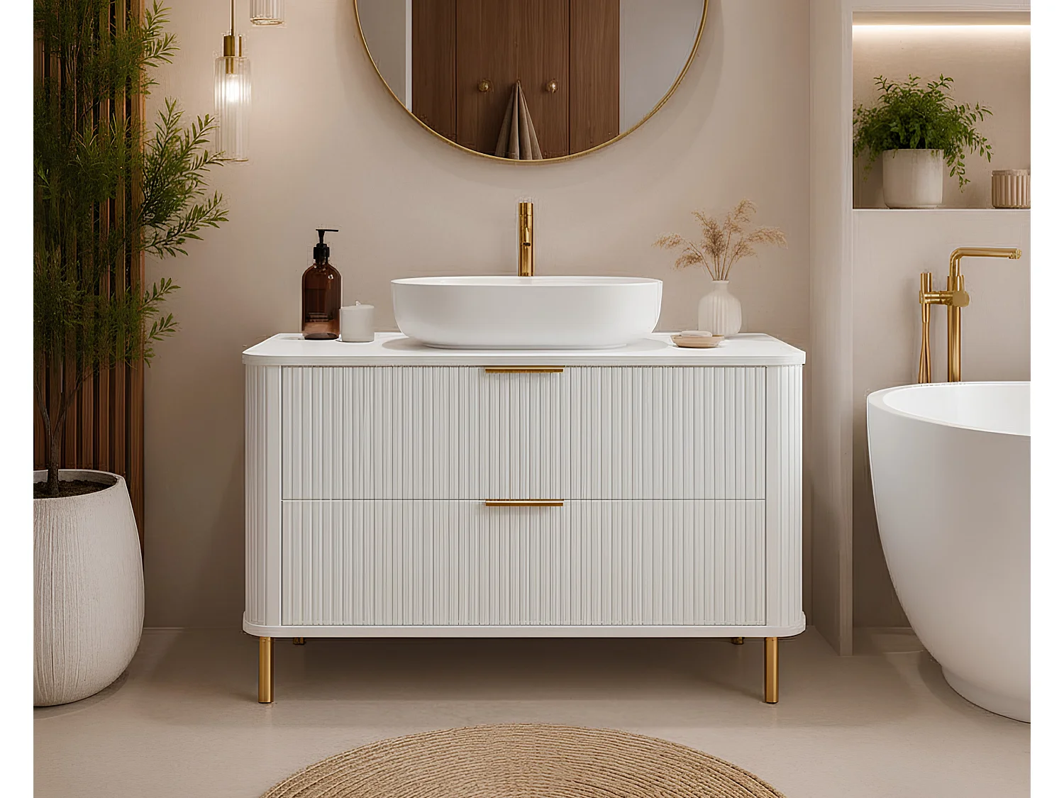 Free-standing bathroom cabinet with drawers and metal legs, colour White, gold handle, gold legs, 100 x 41.5 x 66.7 cm