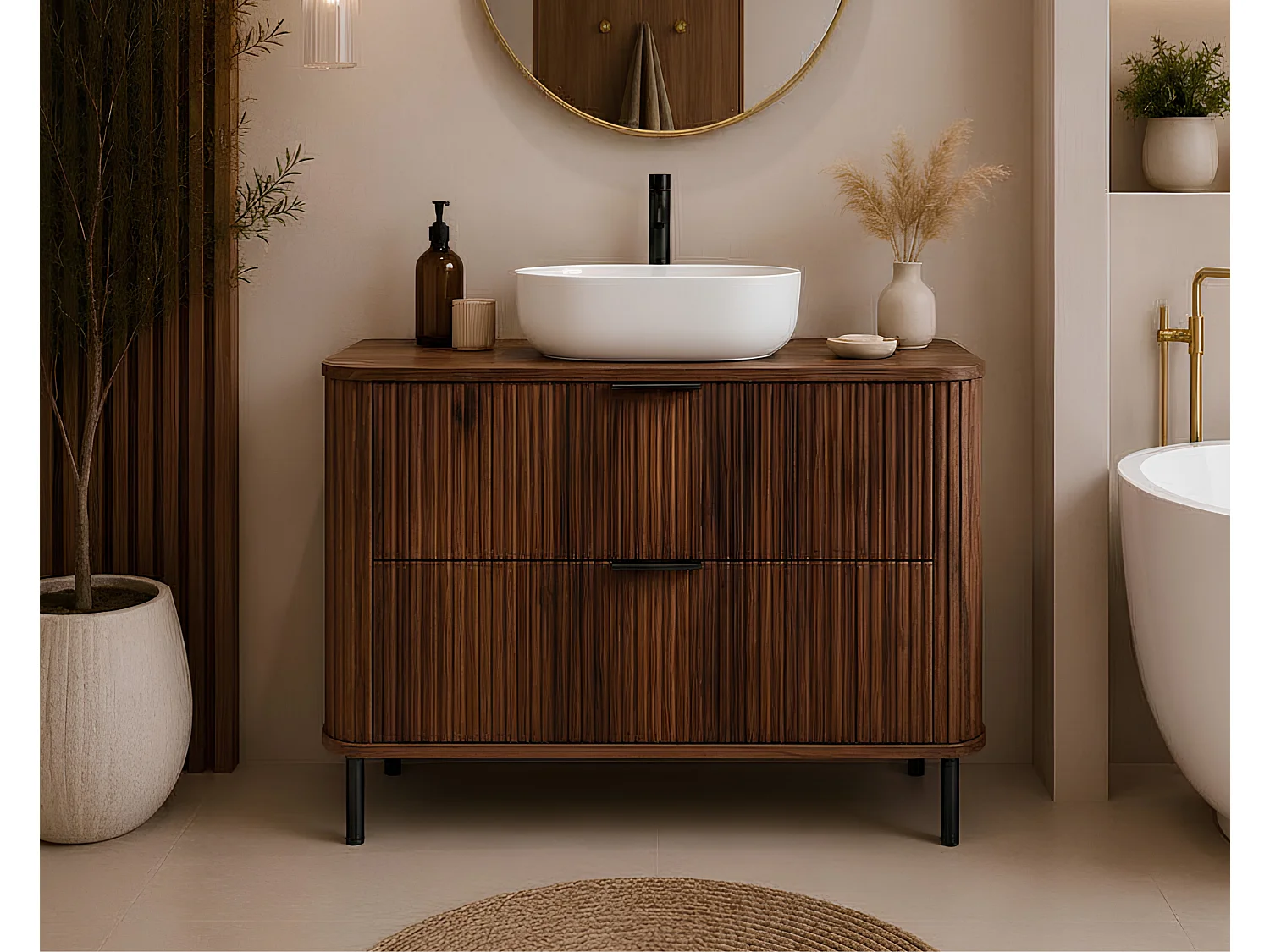 Free-standing bathroom cabinet with drawers and metal legs, colour Oak-Walnut, black handle, black legs, 100 x 41.5 x 66.7 cm