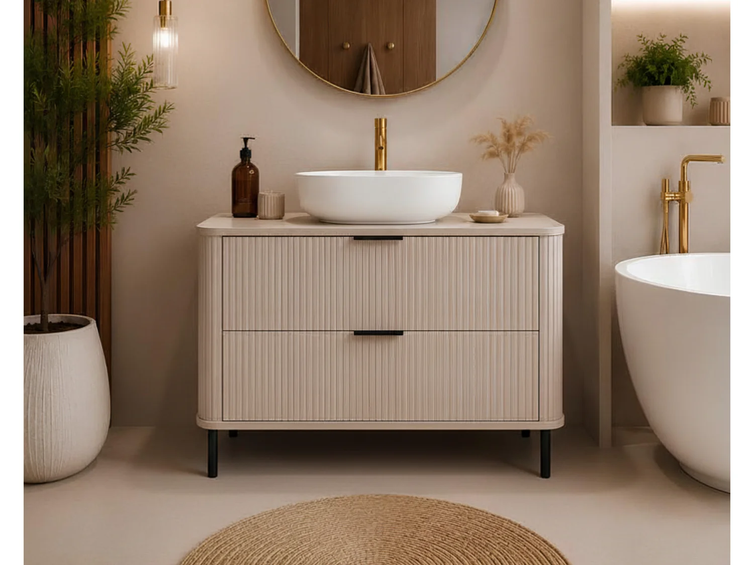 Free-standing bathroom cabinet with drawers and metal legs, colour Cashmere, black handle, black legs, 100 x 41.5 x 66.7 cm