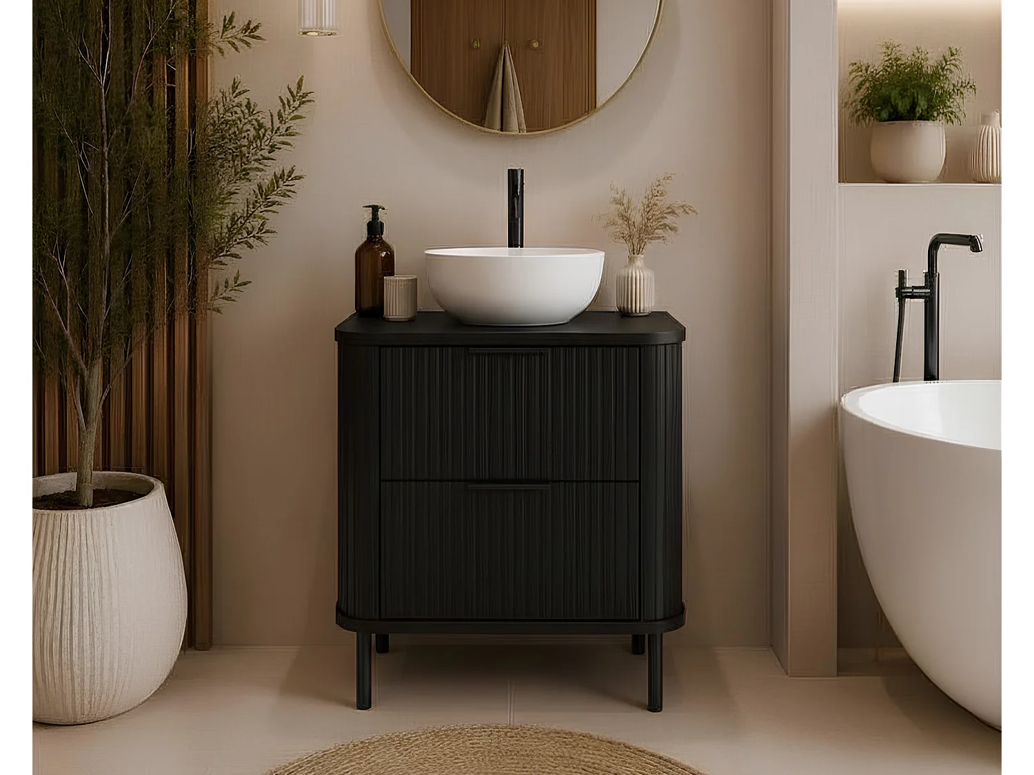 Meuble de salle de bain sur pieds avec tiroirs et pieds métalliques, coloris Noir, poignée noir, pieds noir, 60 x 41,5 x 66,7 cm