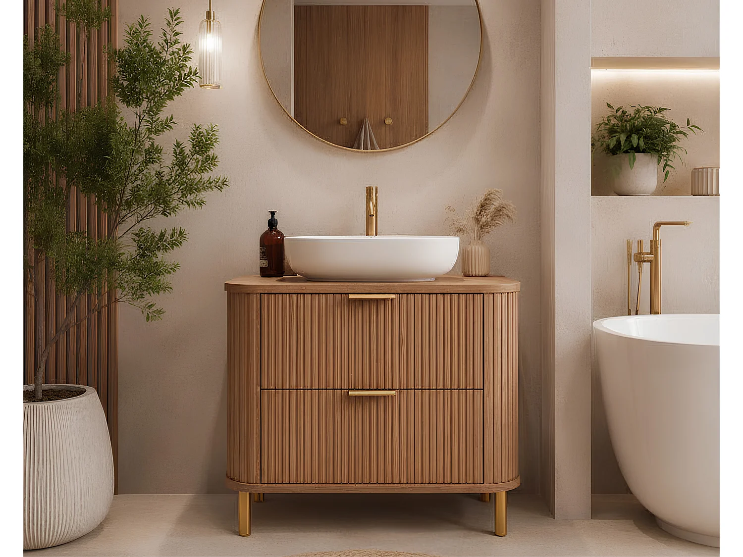 Free-standing bathroom cabinet with drawers and metal legs, colour Craft Oak, gold handle, gold legs, 80 x 41.5 x 66.7 cm