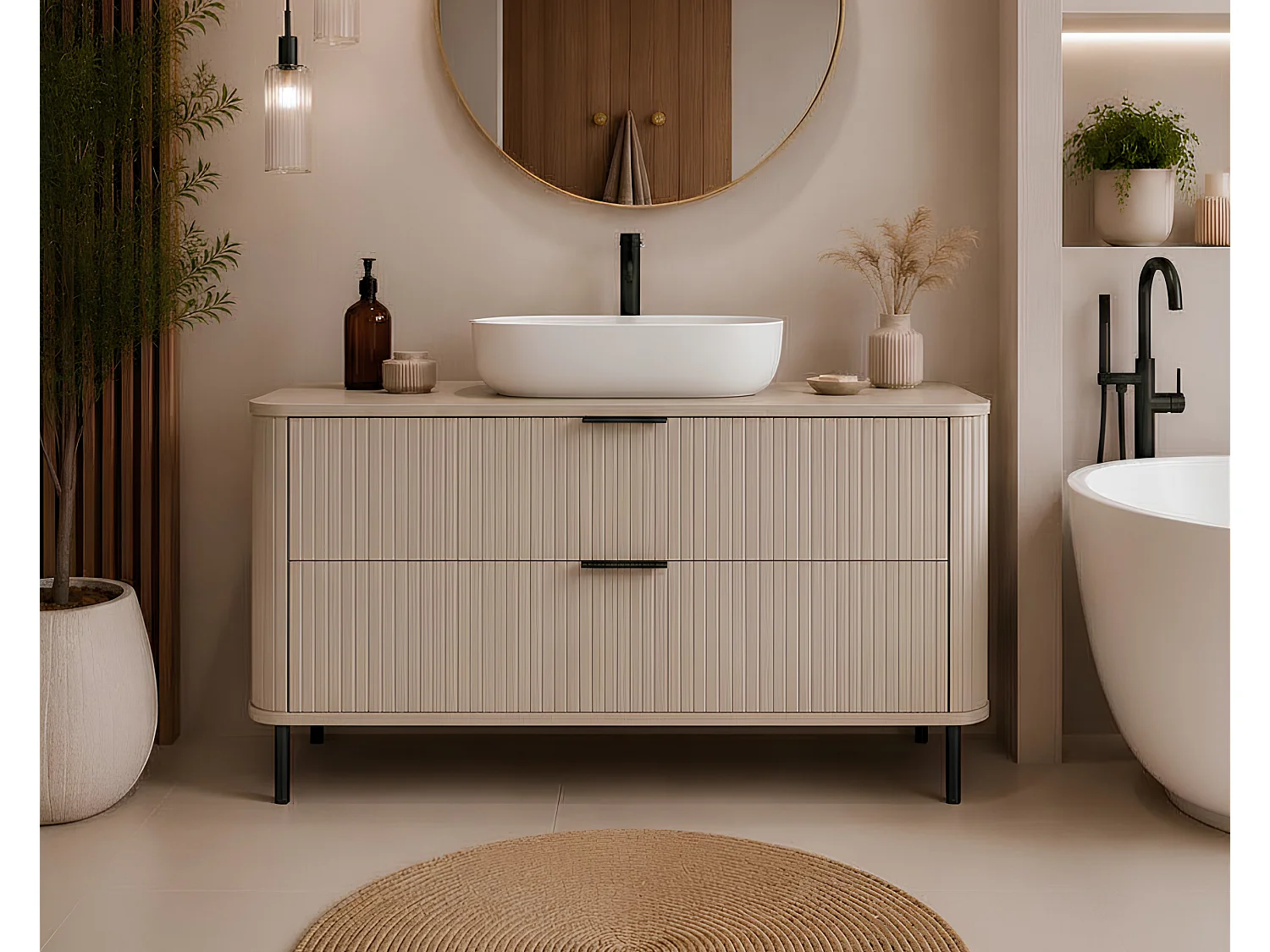 Free-standing bathroom cabinet with drawers and metal legs, colour Cashmere, black handle, black legs, 120 x 41.5 x 66.7 cm