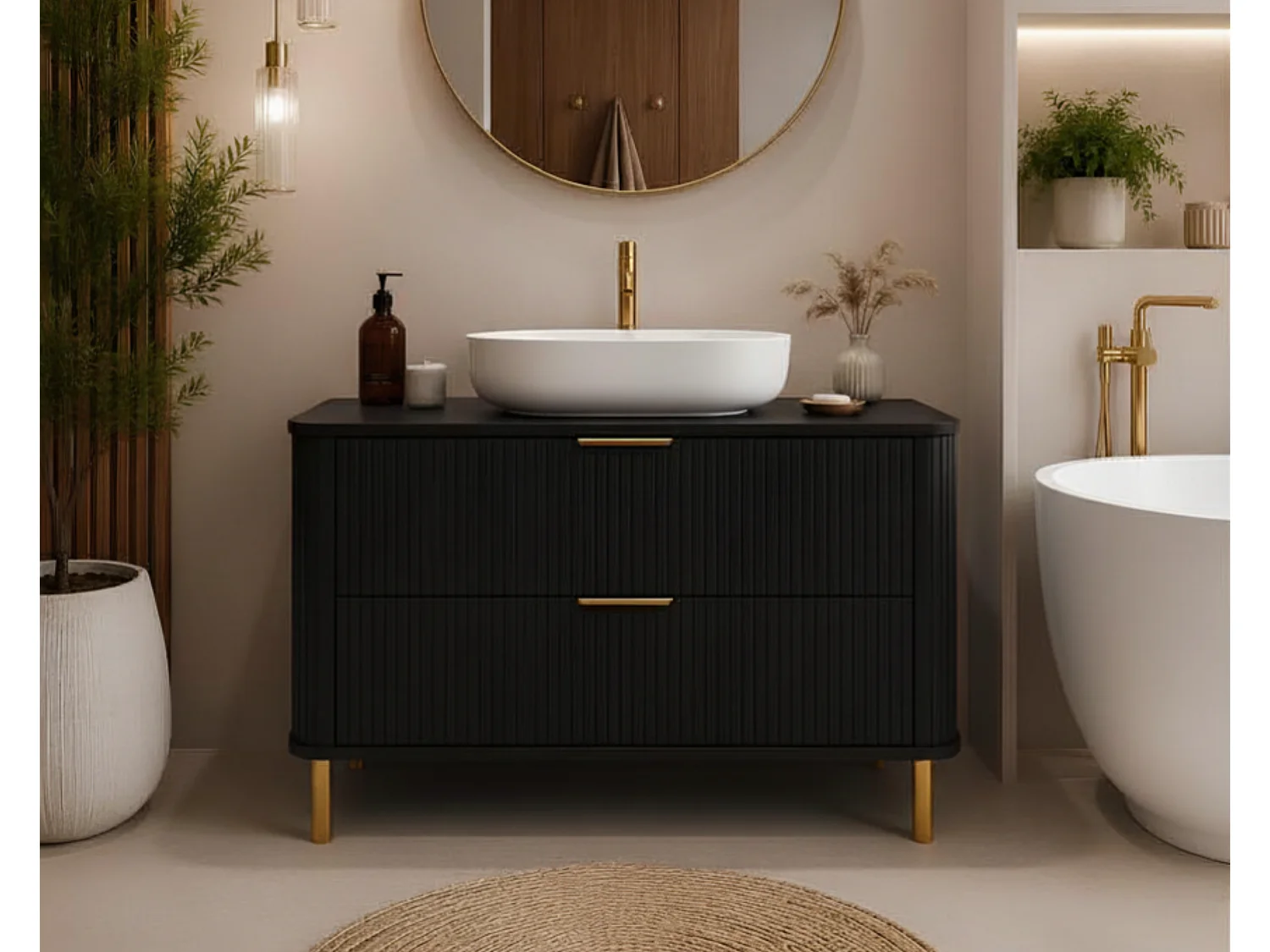 Free-standing bathroom cabinet with drawers and metal legs, colour Black, gold handle, gold legs, 100 x 41.5 x 66.7 cm