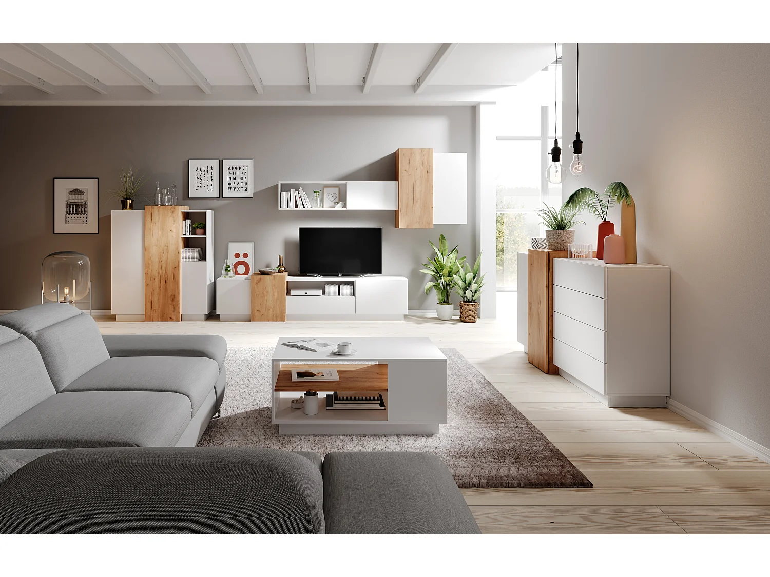 Couchtisch für Wohnzimmer mit Regal, weiß / Eiche Craft Gold, 100 x 60 x 45,5 cm
