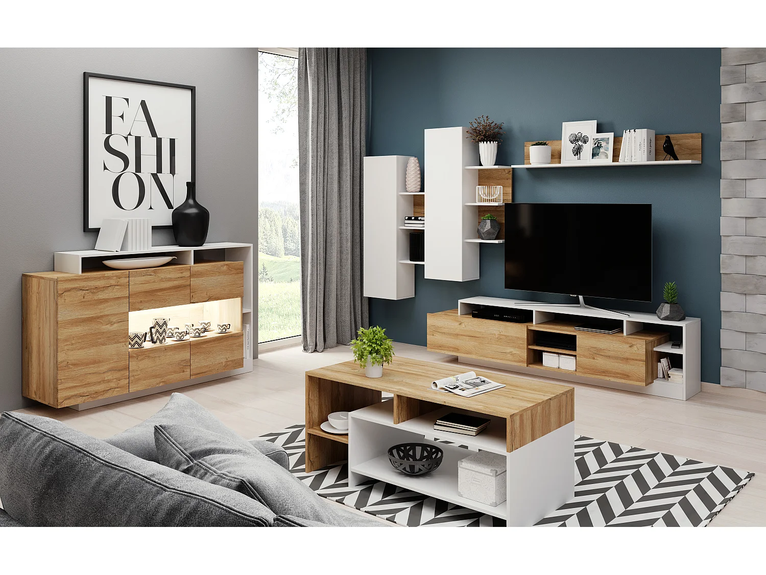 Couchtisch asymmetrisch für Wohnzimmer, Eiche Craft / Anthrazit, 120 x 60 x 52,8 cm