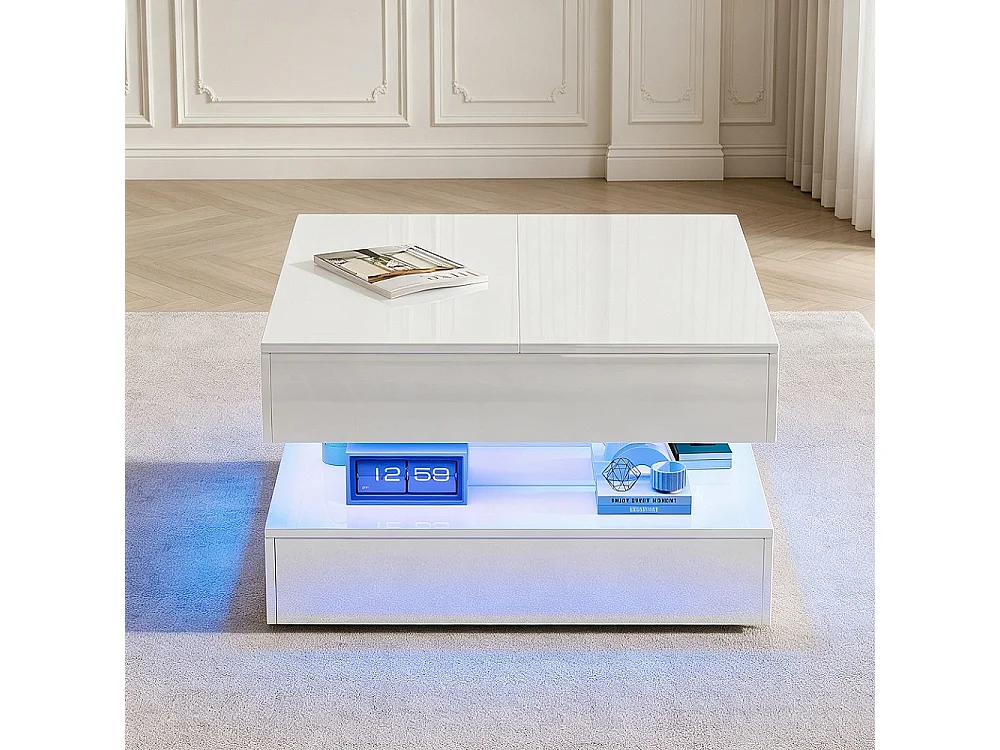 Table basse extensible - 78 x 78 x 43 cm - avec tiroirs de stockage et éclairage RVB Top coulissant 2 voies APP et télécommande - blanc