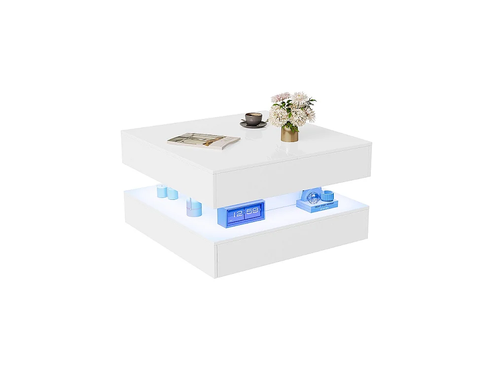 Table basse extensible - 78 x 78 x 43 cm - avec tiroirs de stockage et éclairage RVB Top coulissant 2 voies APP et télécommande - blanc
