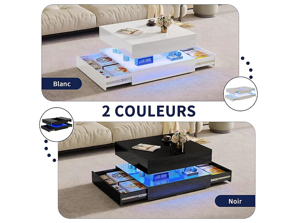 Table basse extensible - 78 x 78 x 43 cm - avec tiroirs de stockage et éclairage RVB Top coulissant 2 voies APP et télécommande - blanc