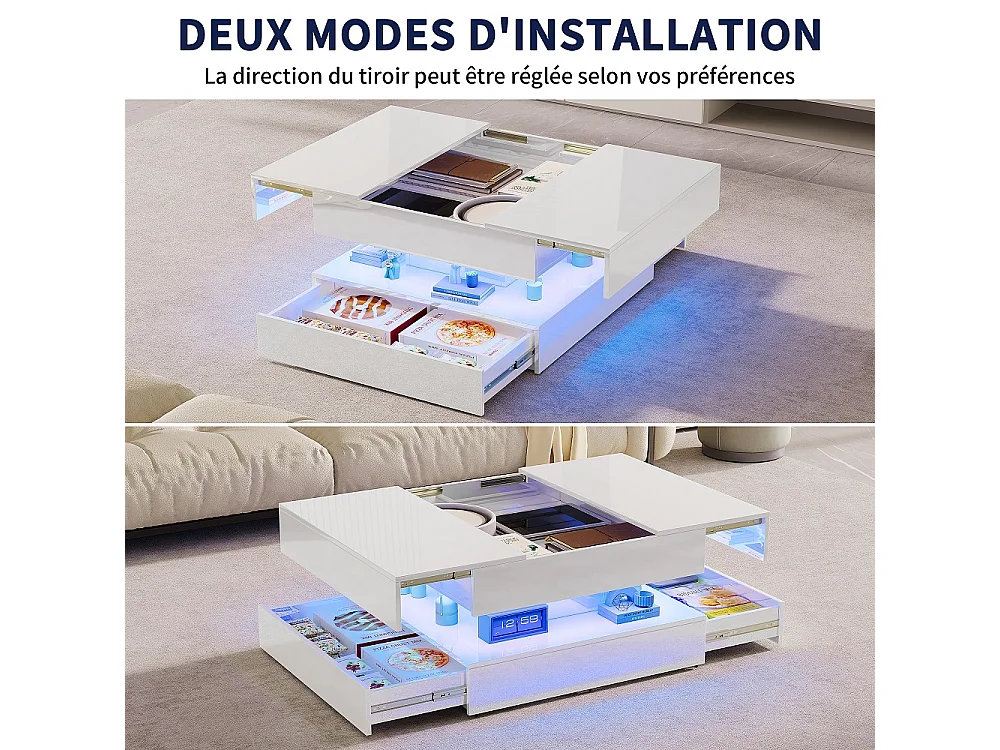 Table basse extensible - 78 x 78 x 43 cm - avec tiroirs de stockage et éclairage RVB Top coulissant 2 voies APP et télécommande - blanc