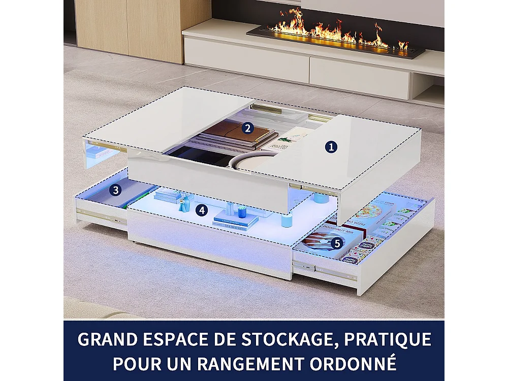 Table basse extensible - 78 x 78 x 43 cm - avec tiroirs de stockage et éclairage RVB Top coulissant 2 voies APP et télécommande - blanc