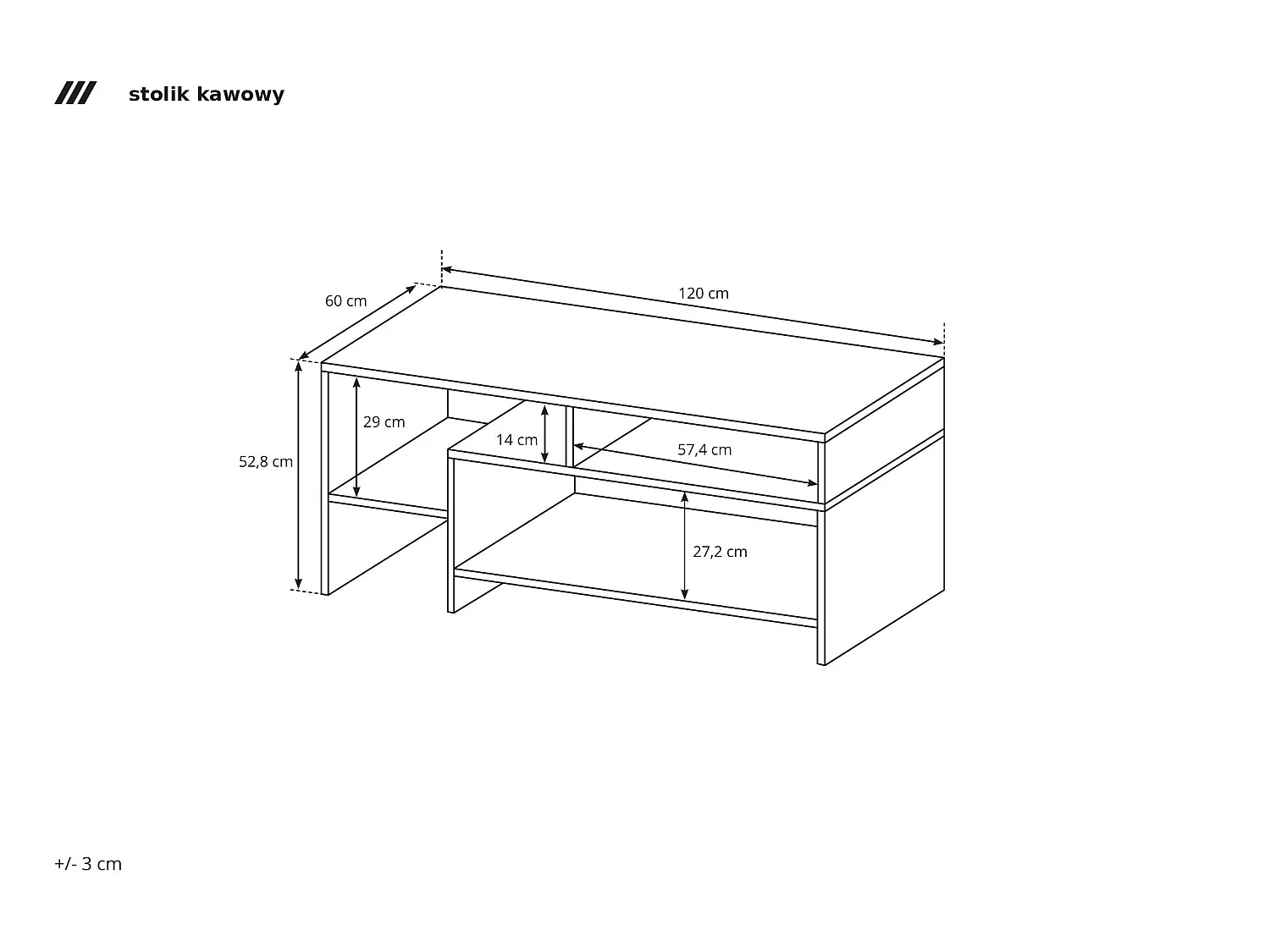 Couchtisch asymmetrisch für Wohnzimmer, Eiche Grandson / weiß, 120 x 60 x 52,8 cm