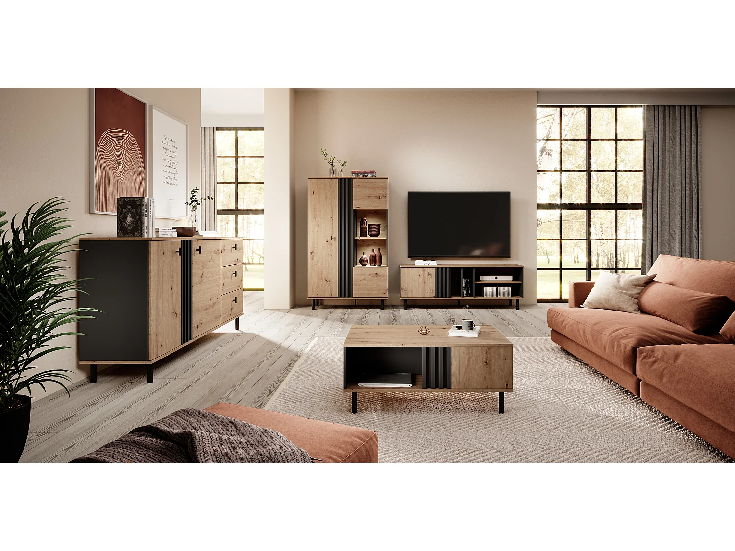 Couchtisch, Eiche (Artisan) + Schwarz Anthrazit, 100,1 x 43,2 x 60 cm