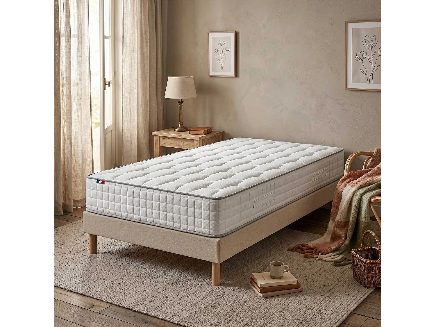 Ensemble matelas ressorts, mémoire de forme, H24 cm, sommier kit beige Dimensions - 90 x 200 cm