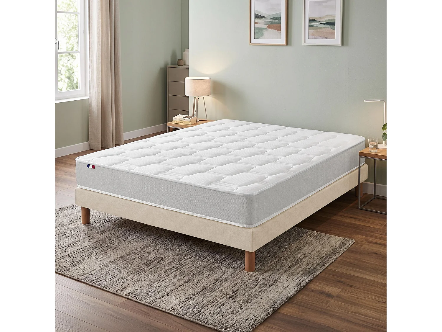 Ensemble matelas mousse accueil memoire de forme H16 sommier en kit beige 180 x 200