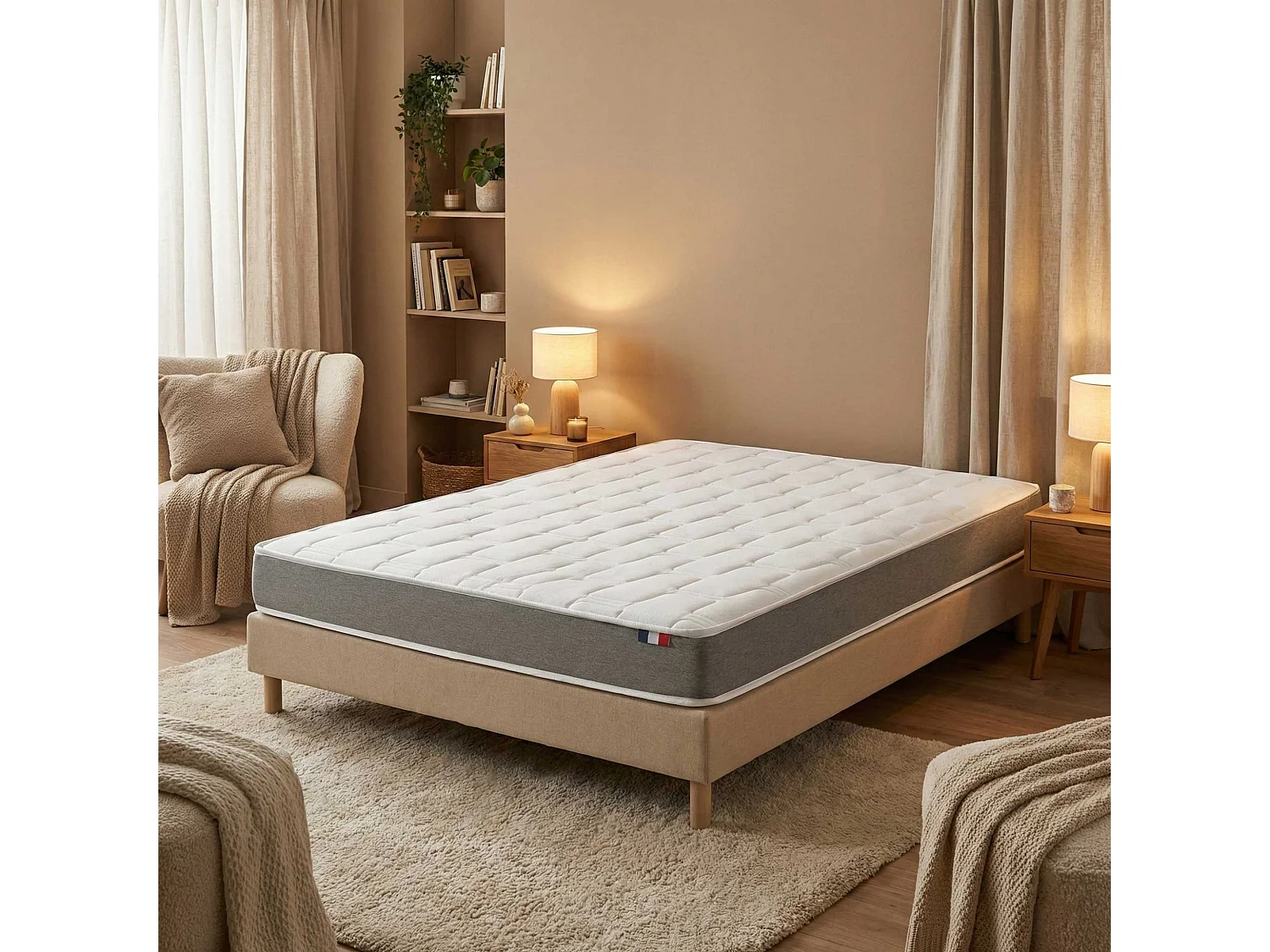 Ensemble matelas mousse accueil memoire de forme, H16 cm, sommier en kit beige Dimensions - 140 x 190 cm