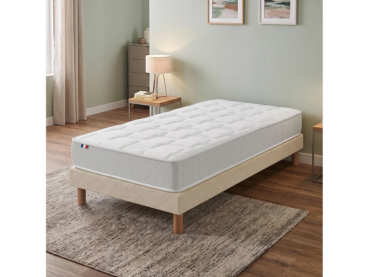 Ensemble matelas mousse accueil memoire de forme H16 sommier en kit beige 90 x 190