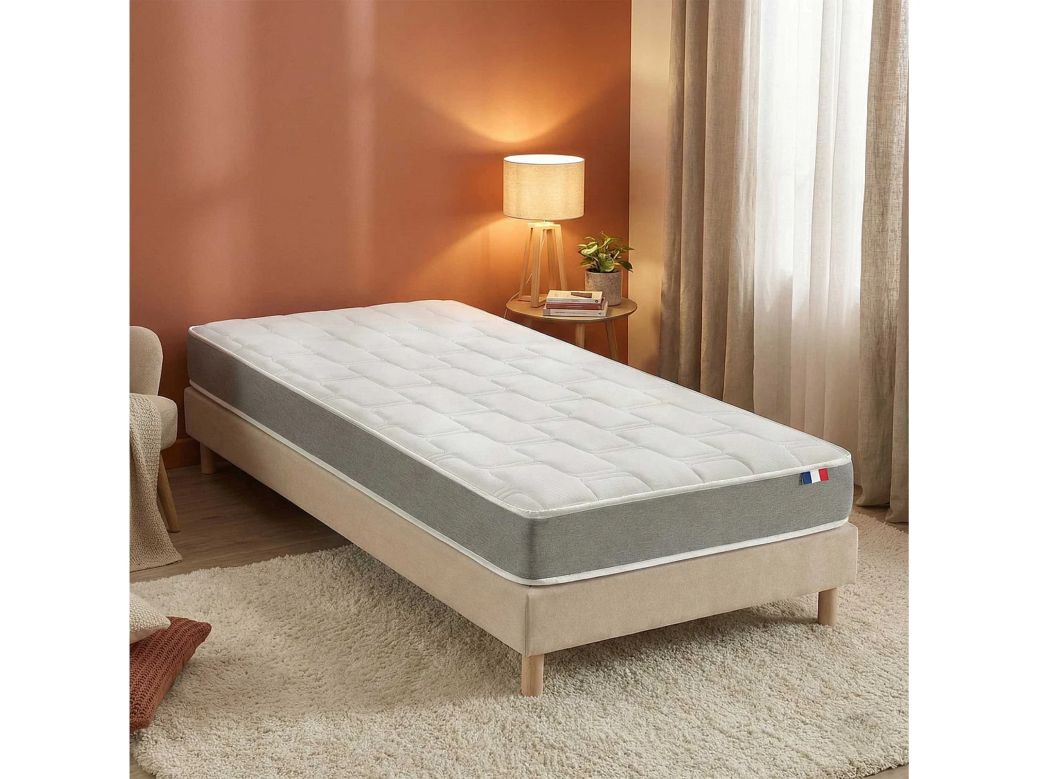 Ensemble matelas mousse accueil memoire de forme, H16 cm, sommier en kit beige Dimensions - 90 x 200 cm