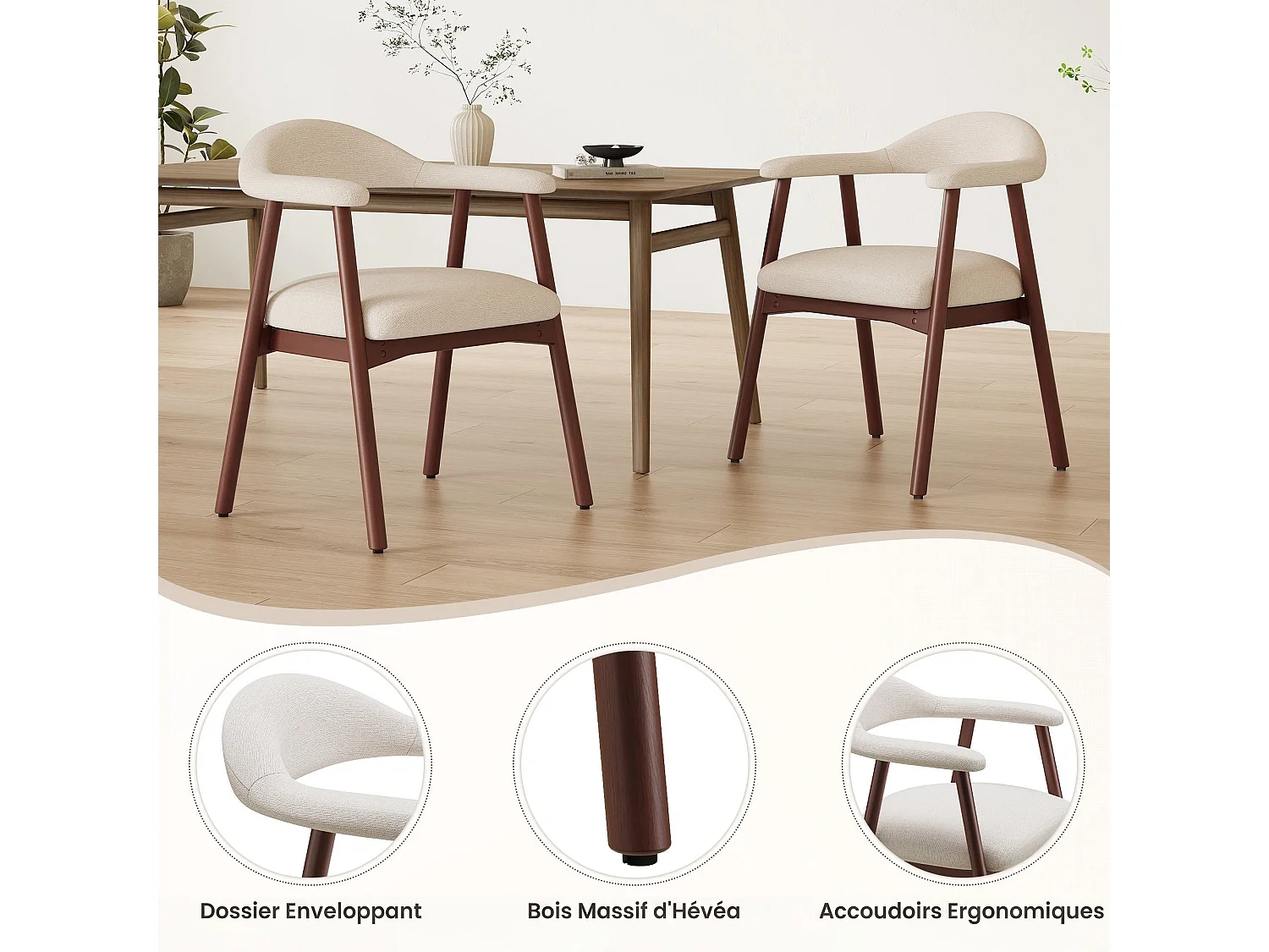 2er-Set moderne Esszimmerstühle im skandinavischen Stil, bequeme gepolsterte Sitzfläche, Beine aus Massivholz, ergonomische umschließende Rückenlehne, Beige
