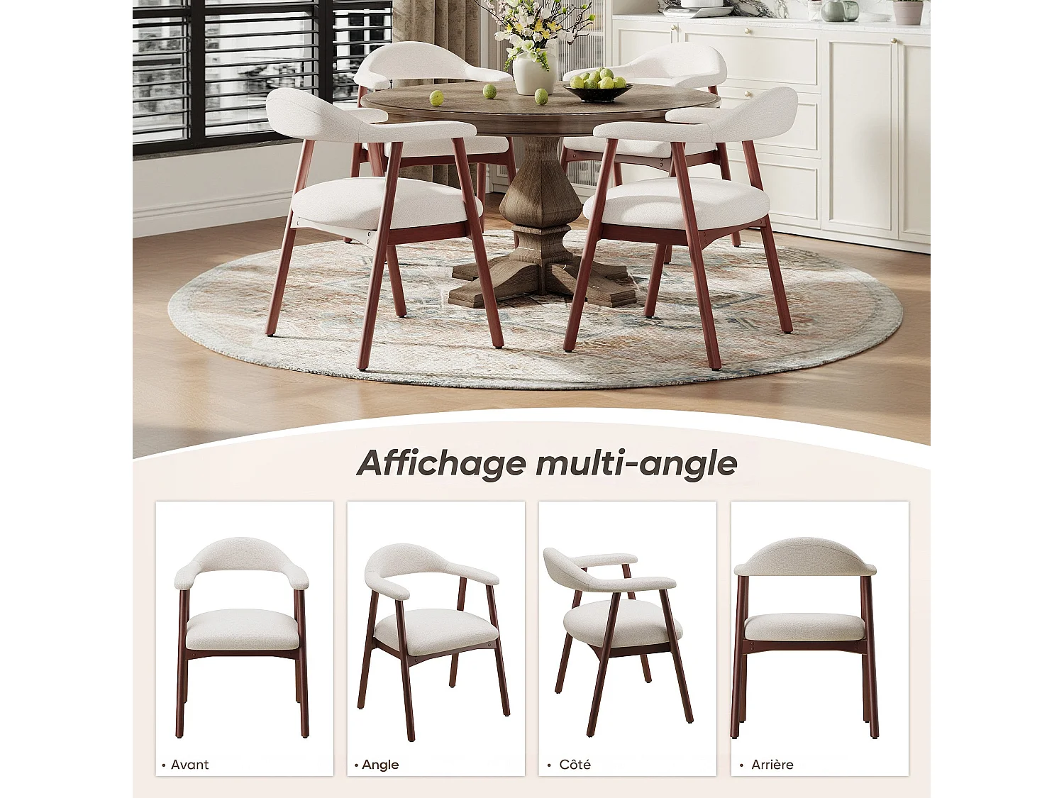 2er-Set moderne Esszimmerstühle im skandinavischen Stil, bequeme gepolsterte Sitzfläche, Beine aus Massivholz, ergonomische umschließende Rückenlehne, Beige