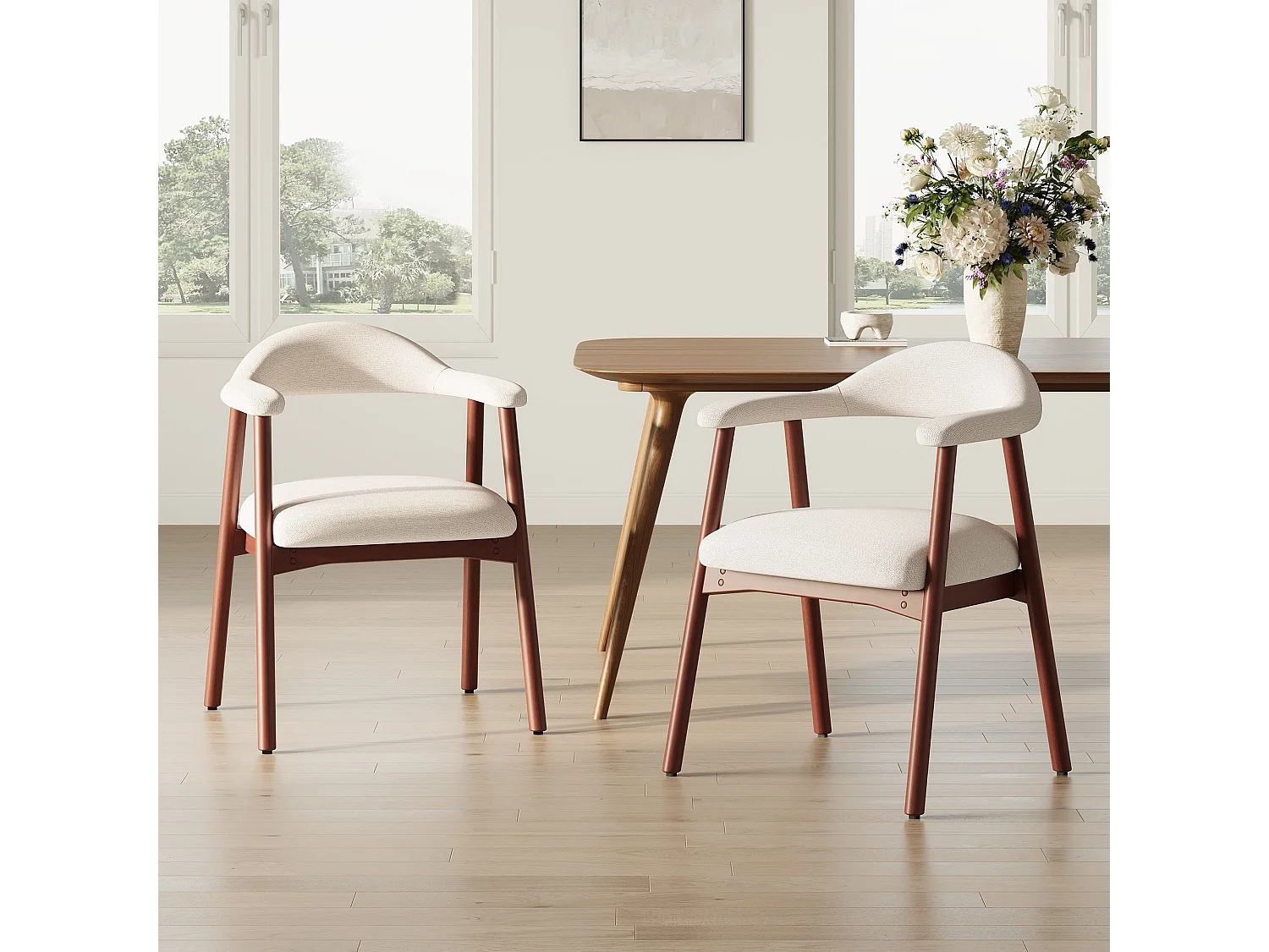 2er-Set moderne Esszimmerstühle im skandinavischen Stil, bequeme gepolsterte Sitzfläche, Beine aus Massivholz, ergonomische umschließende Rückenlehne, Beige