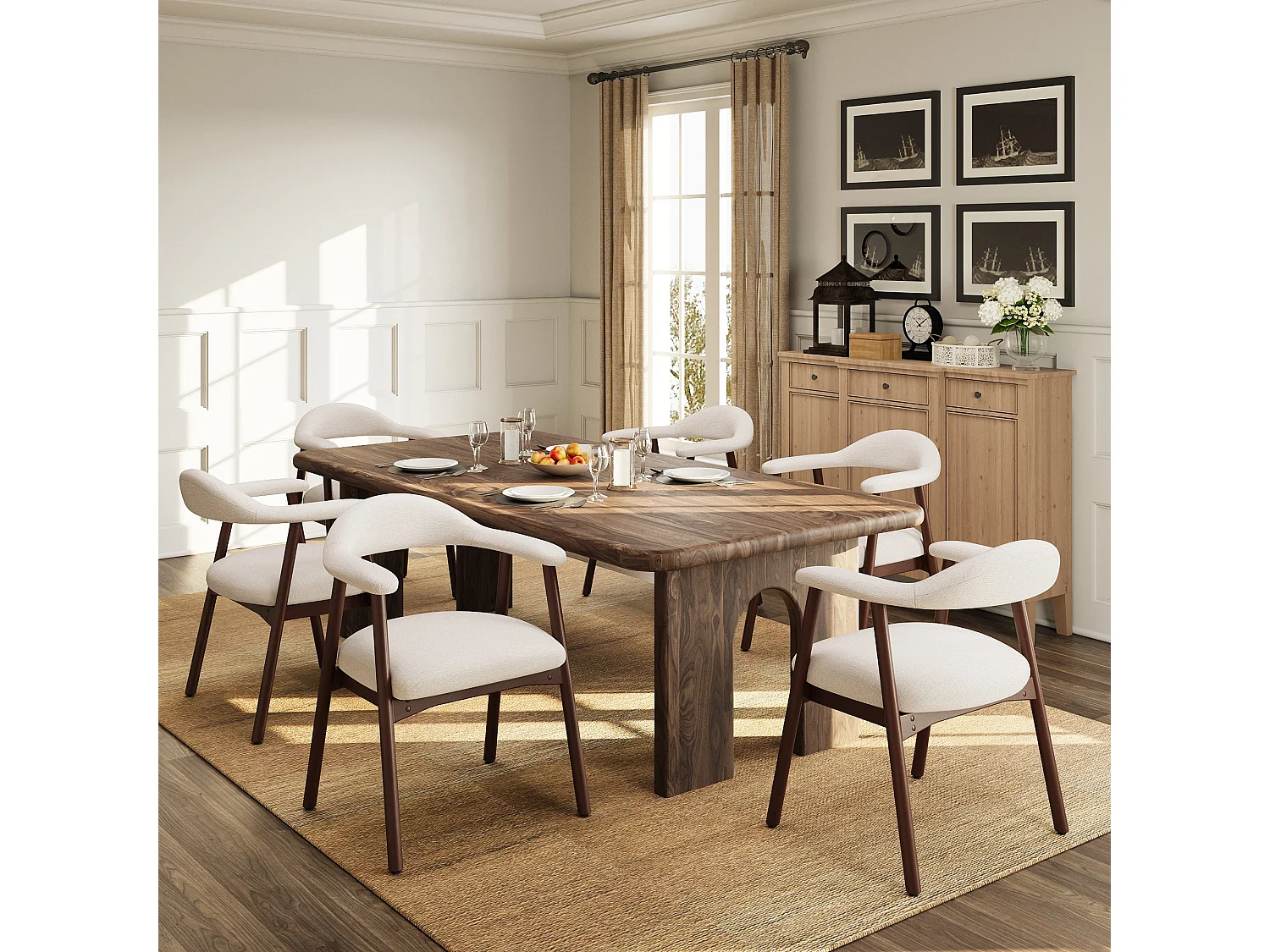 2er-Set moderne Esszimmerstühle im skandinavischen Stil, bequeme gepolsterte Sitzfläche, Beine aus Massivholz, ergonomische umschließende Rückenlehne, Beige
