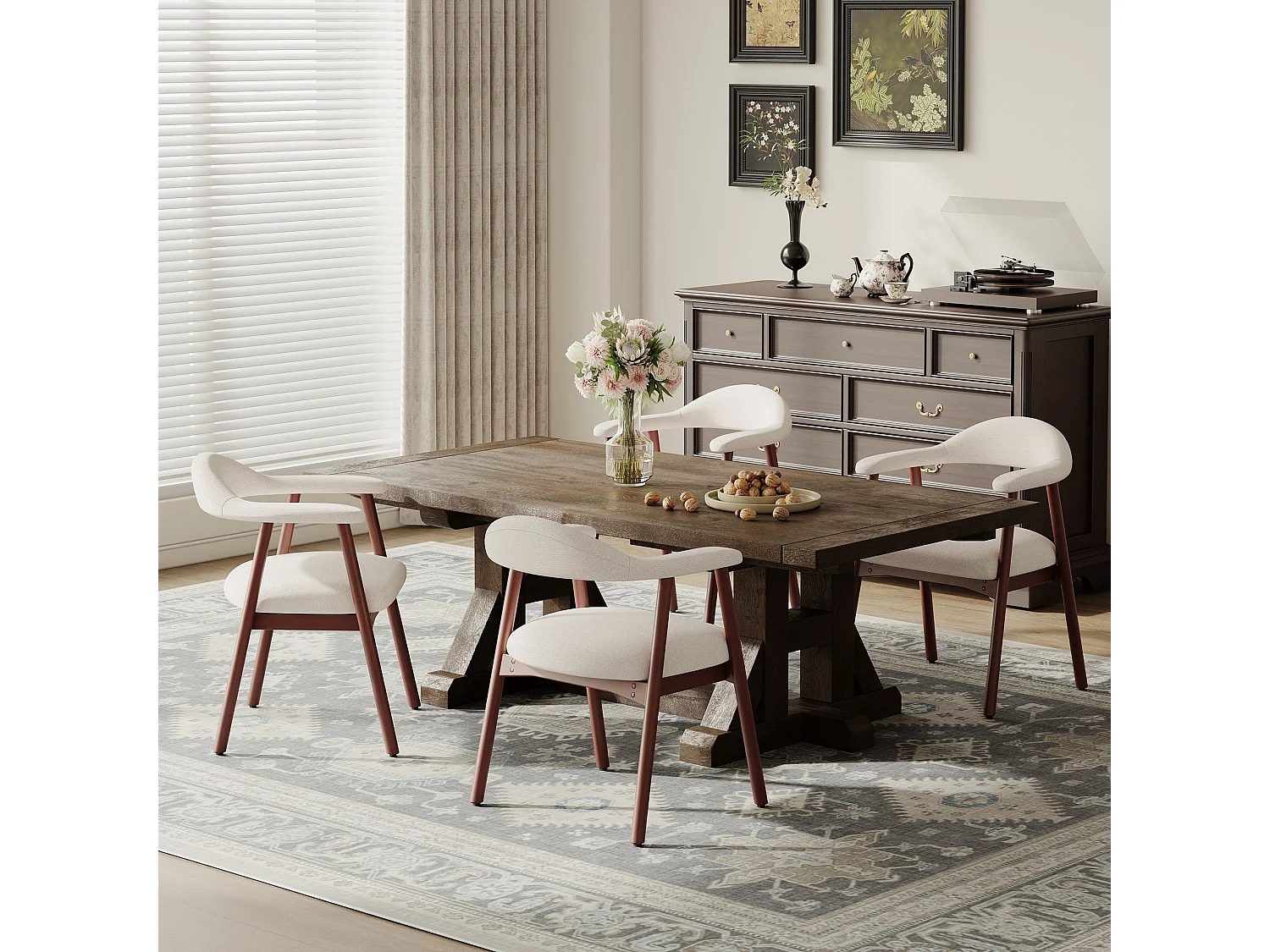 2er-Set moderne Esszimmerstühle im skandinavischen Stil, bequeme gepolsterte Sitzfläche, Beine aus Massivholz, ergonomische umschließende Rückenlehne, Beige