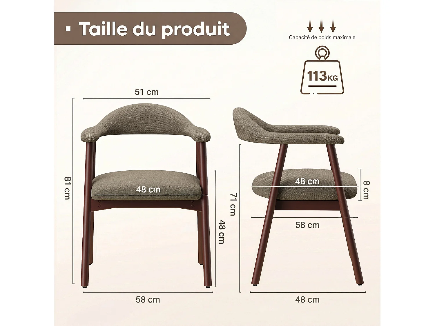 2er-Set moderne Esszimmerstühle im skandinavischen Stil, bequeme gepolsterte Sitzfläche, Beine aus Massivholz, ergonomische umschließende Rückenlehne, Braun