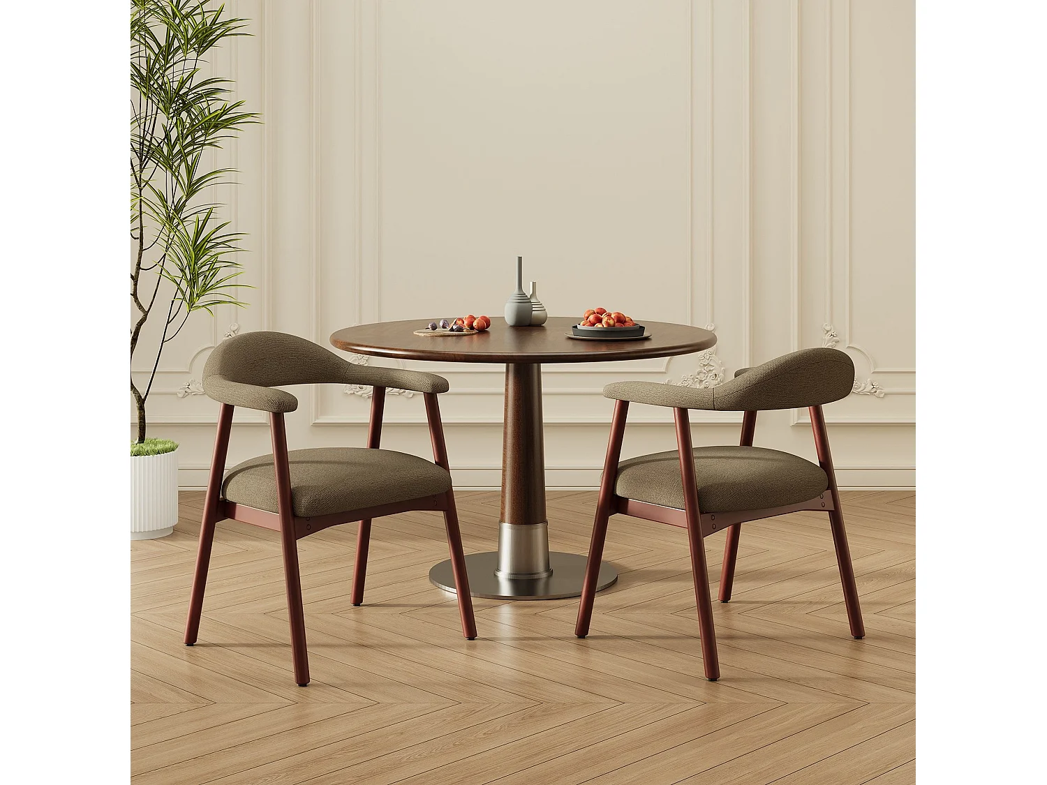 2er-Set moderne Esszimmerstühle im skandinavischen Stil, bequeme gepolsterte Sitzfläche, Beine aus Massivholz, ergonomische umschließende Rückenlehne, Braun