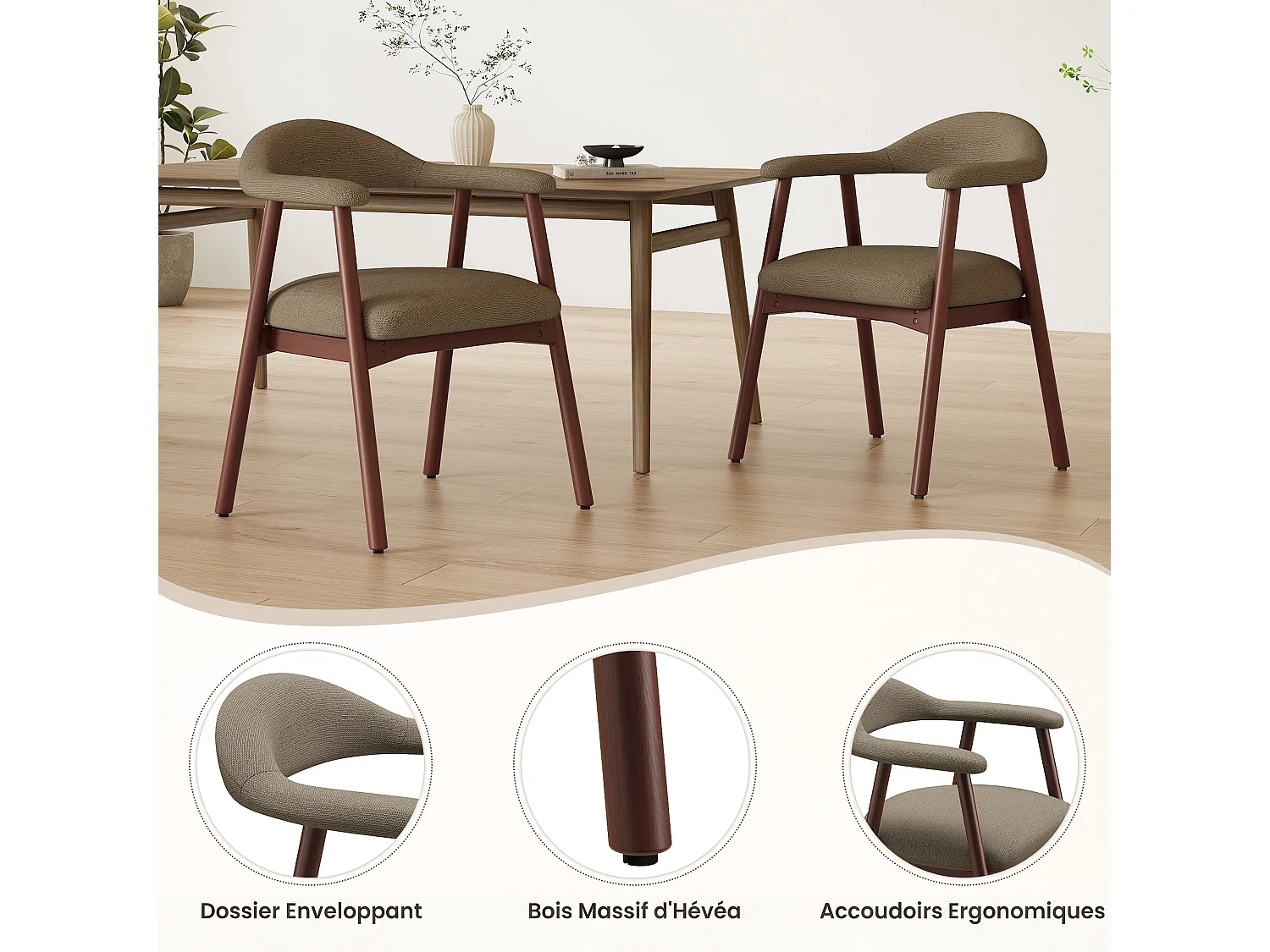 2er-Set moderne Esszimmerstühle im skandinavischen Stil, bequeme gepolsterte Sitzfläche, Beine aus Massivholz, ergonomische umschließende Rückenlehne, Braun