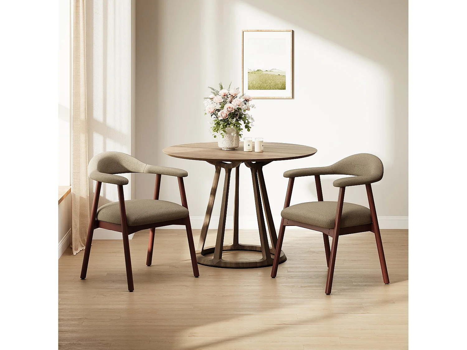 2er-Set moderne Esszimmerstühle im skandinavischen Stil, bequeme gepolsterte Sitzfläche, Beine aus Massivholz, ergonomische umschließende Rückenlehne, Braun