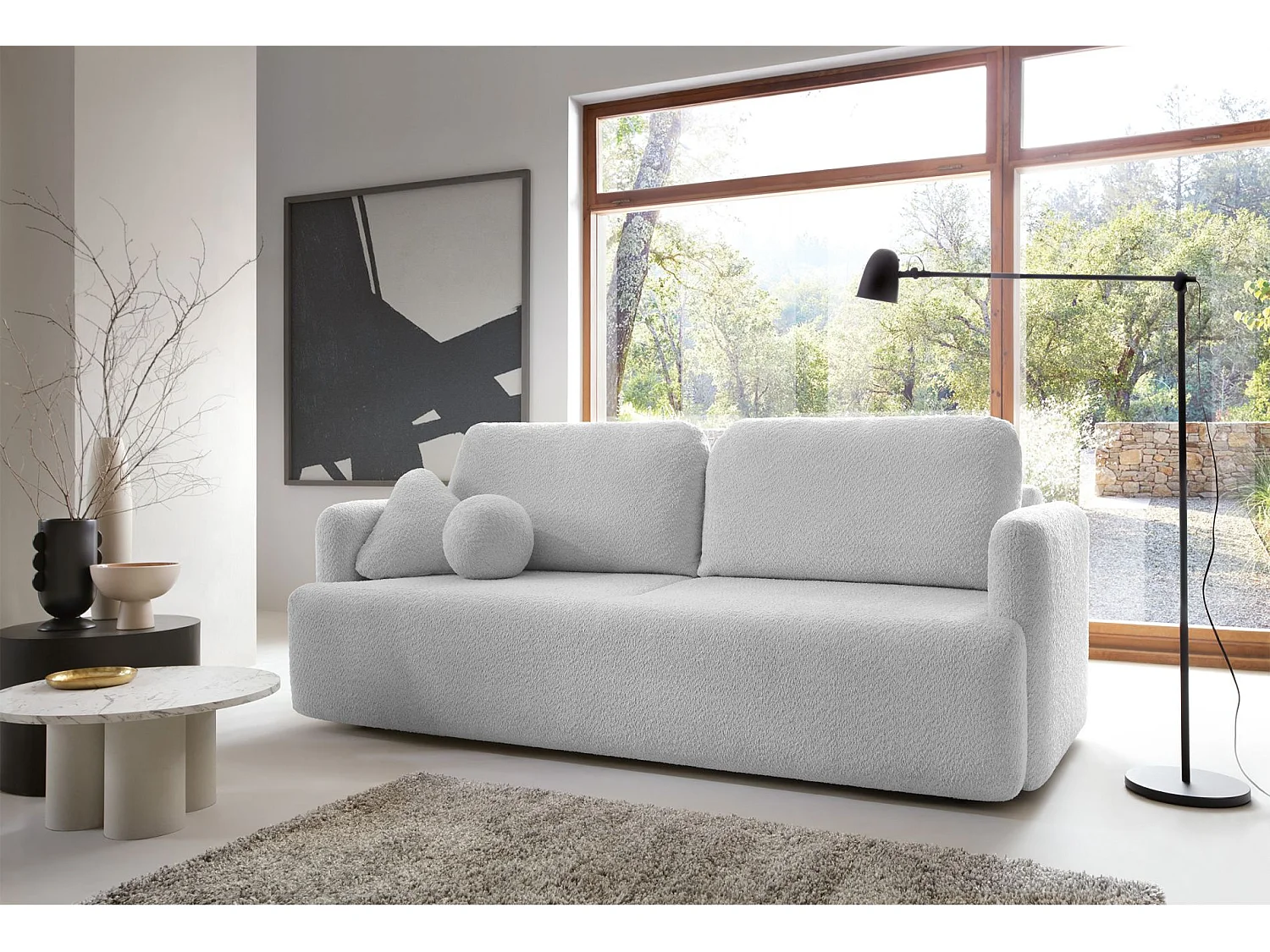 Canapé 3 places convertible avec coffre – Bouclé – Gris clair – LAMBINA