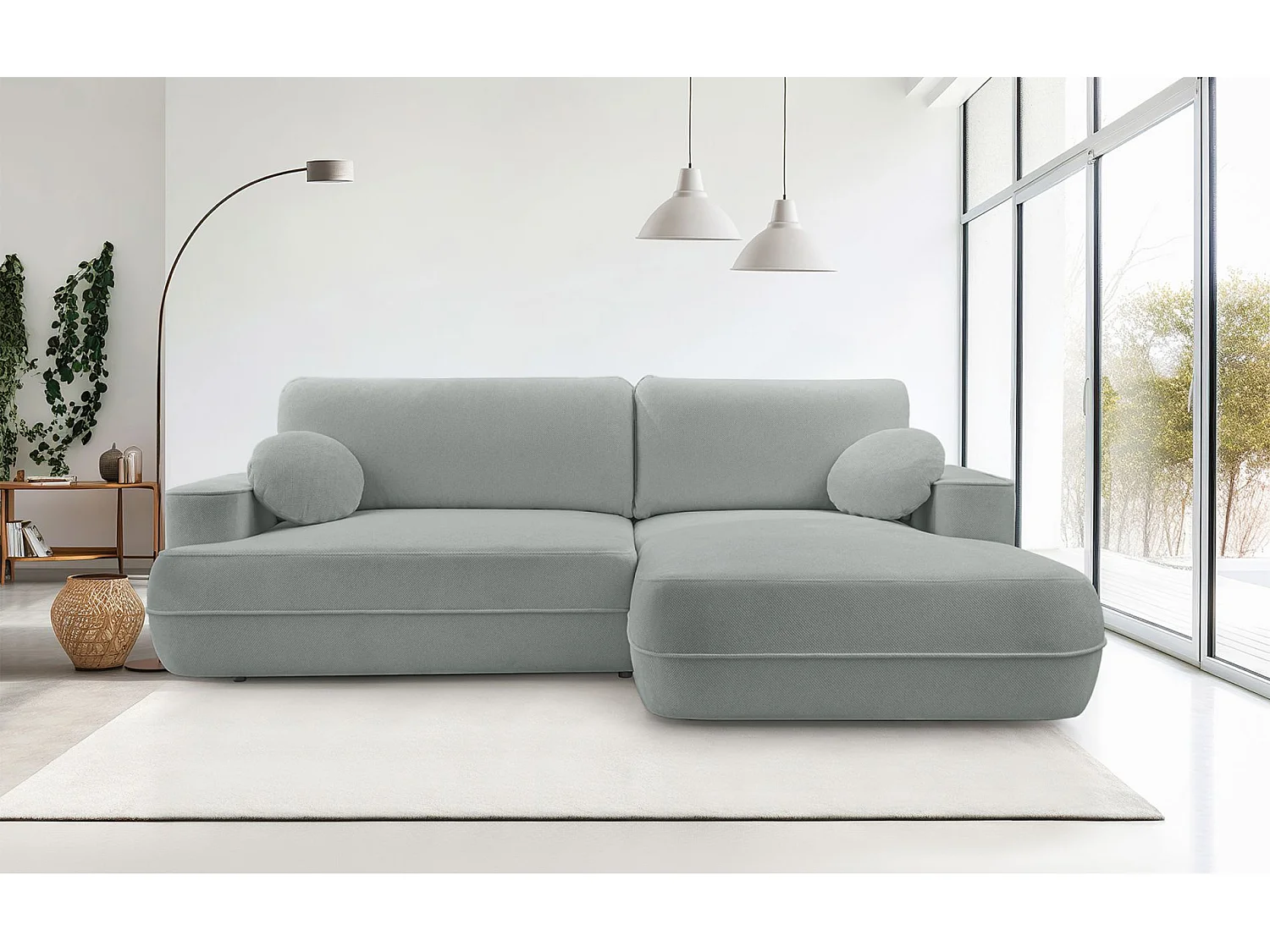 Canapé d'angle convertible – Coffre de rangement – Angle à droite – Beige gris – Tissu structuré déperlant – FUERRO