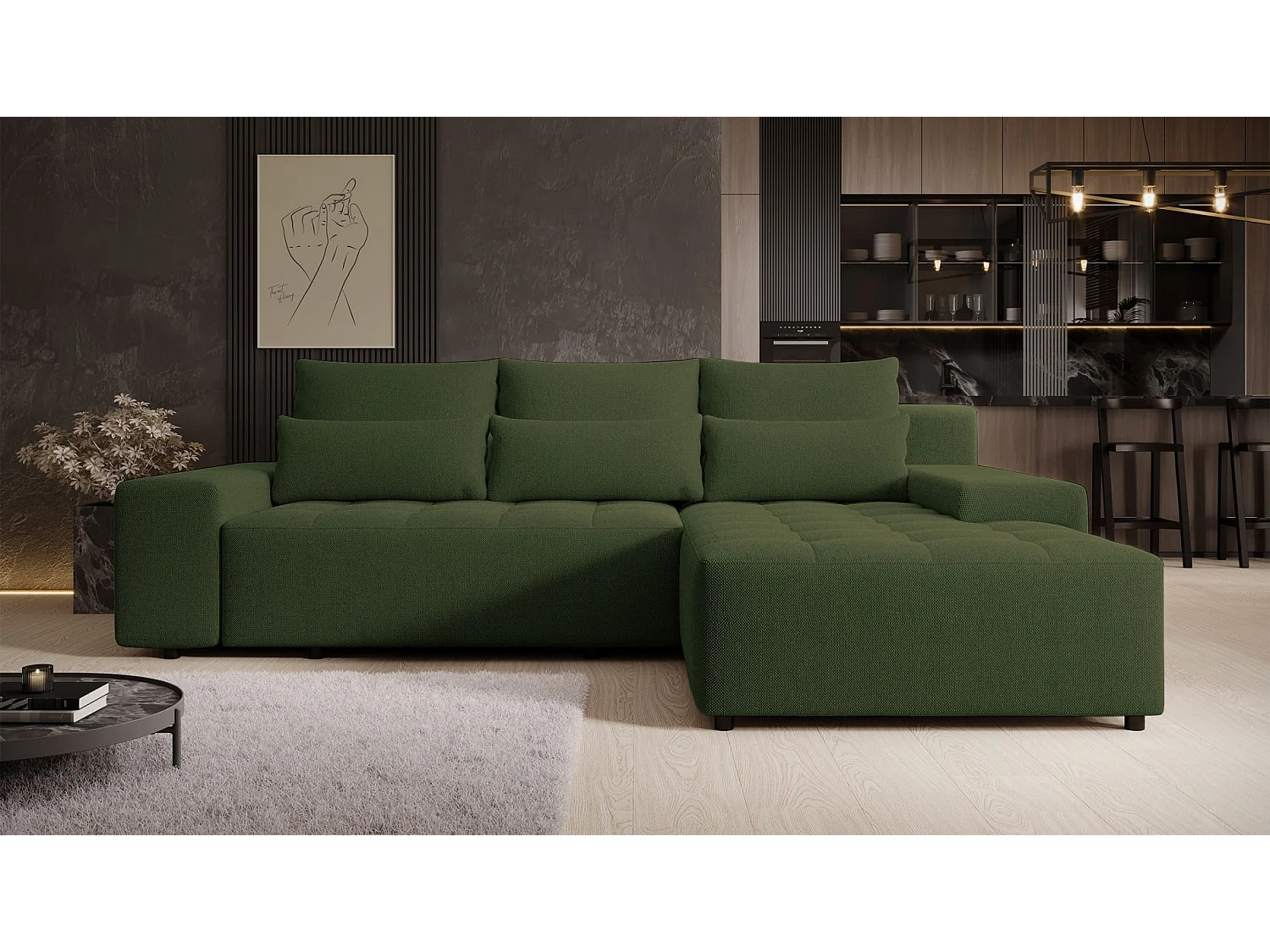 Ecksofa mit Schlaffunktion & Bettkasten – Chenille wasserabweisend – Universal – Olivgrün – NELURO