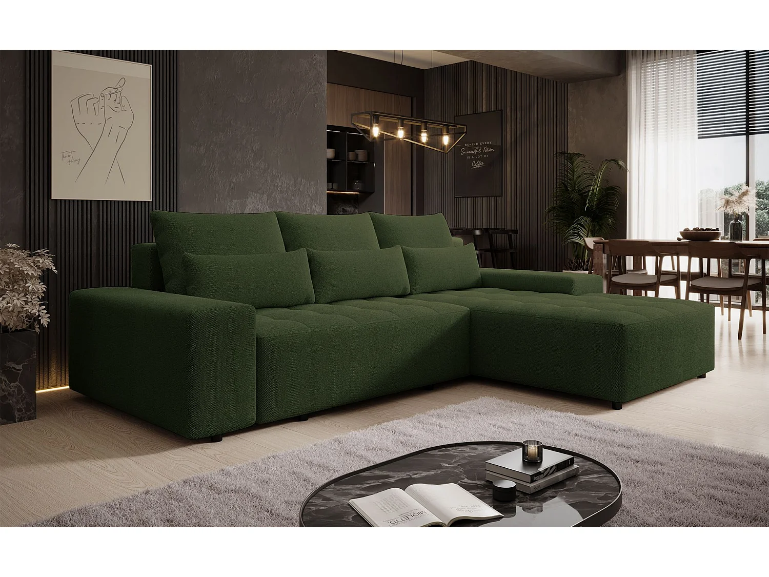 Ecksofa mit Schlaffunktion & Bettkasten – Chenille wasserabweisend – Universal – Olivgrün – NELURO