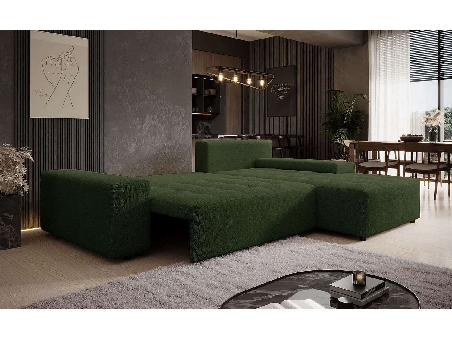 Ecksofa mit Schlaffunktion & Bettkasten – Chenille wasserabweisend – Universal – Olivgrün – NELURO