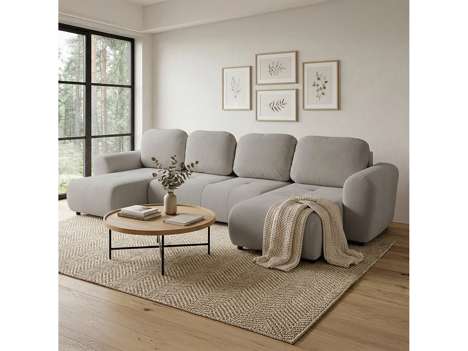 Canapé d'angle convertible – en forme de U – velours gris-beige - OLIDO