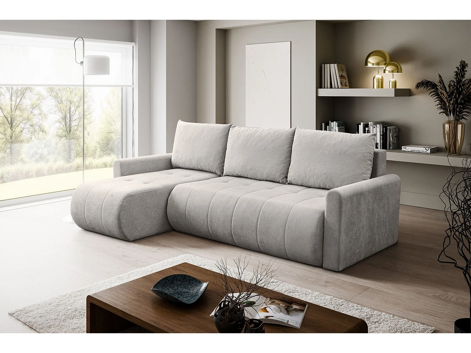 Ecksofa mit Schlaffunktion & Bettkasten – Chenille – Universal – Hellbeige – TIMMONE