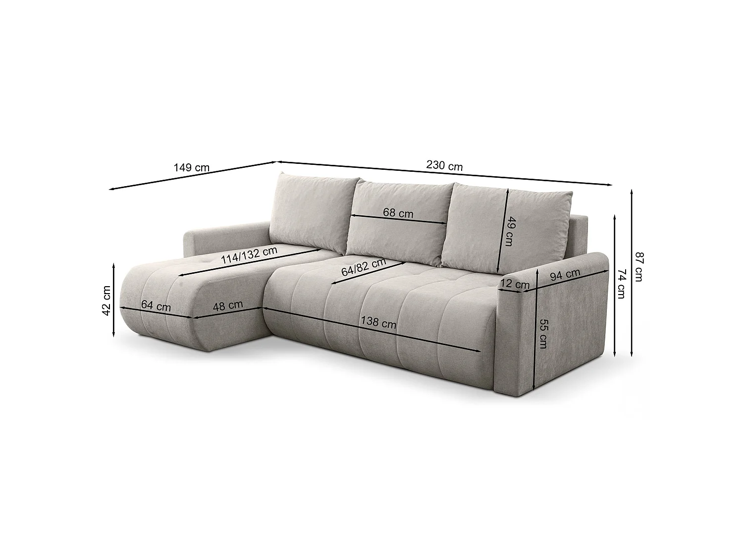 Ecksofa mit Schlaffunktion & Bettkasten – Chenille – Universal – Hellbeige – TIMMONE