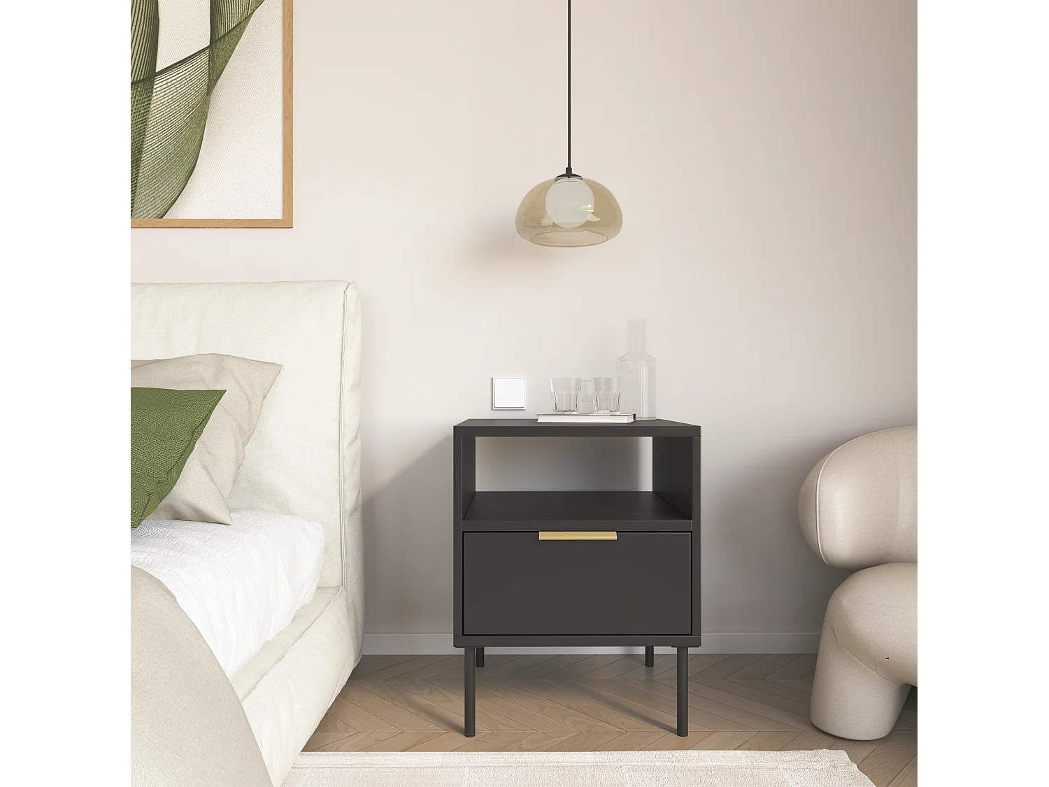 Nachttisch mit Schublade und Nische - 45 cm - Schwarz - VENA