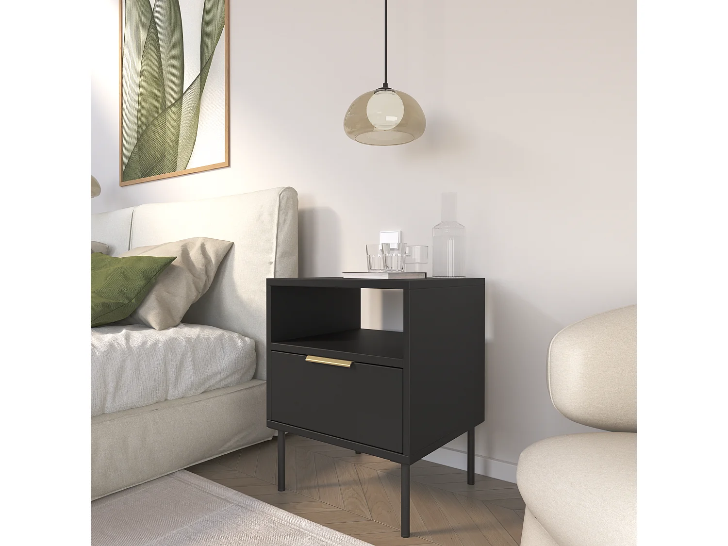 Nachttisch mit Schublade und Nische - 45 cm - Schwarz - VENA