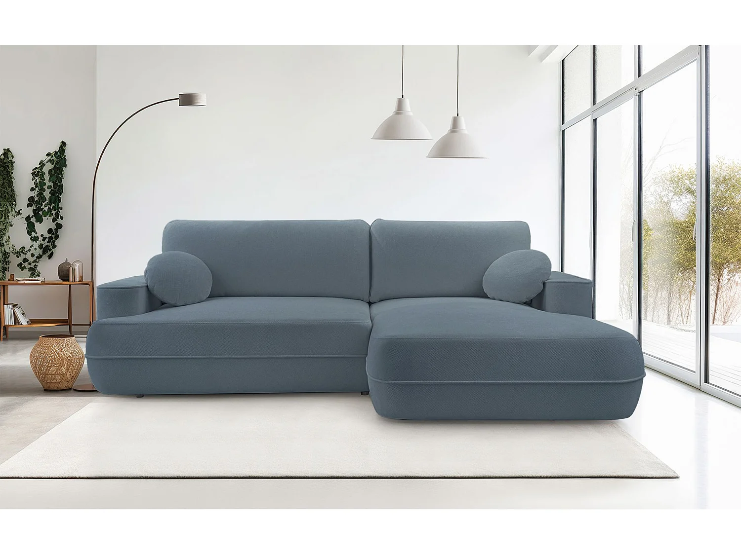 Ecksofa mit Schlaffunktion – Bettkasten – Ottomane rechts – Strukturstoff wasserabweisend – Hellblau – FUERRO