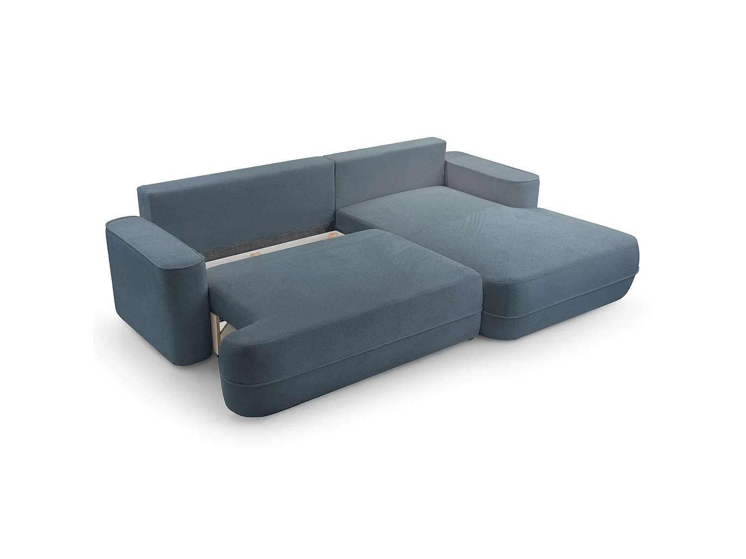 Ecksofa mit Schlaffunktion – Bettkasten – Ottomane rechts – Strukturstoff wasserabweisend – Hellblau – FUERRO