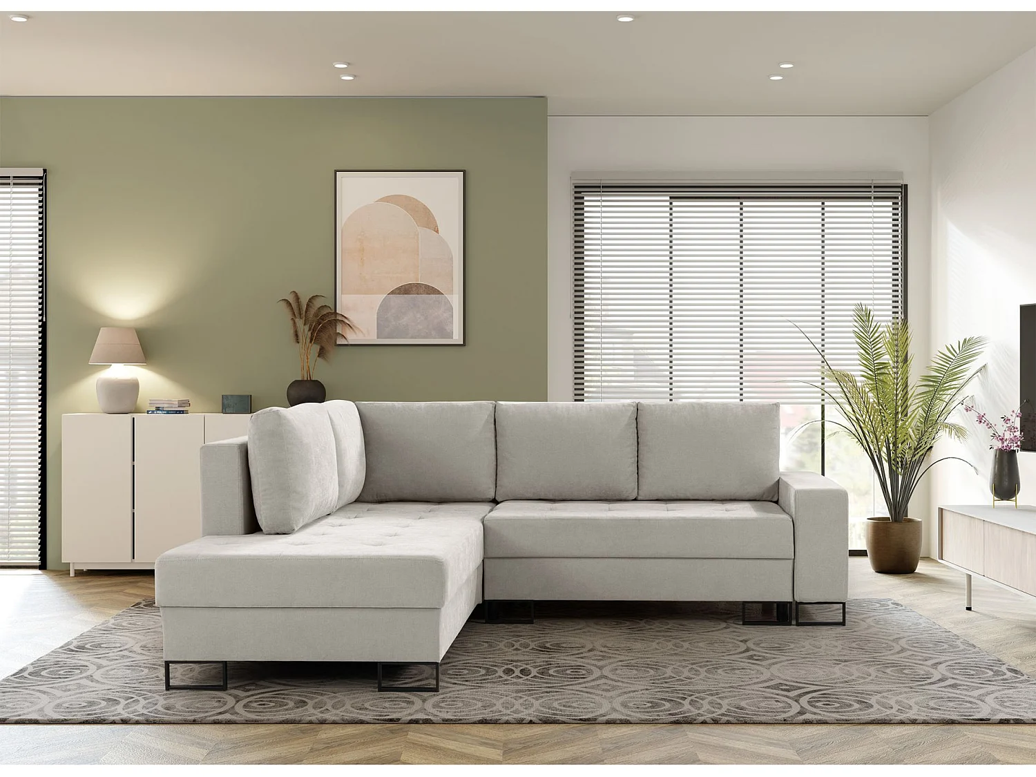 Ecksofa mit Schlaffunktion & Bettkasten – Chenille – Ottomane links – Hellbeige – LARELLE